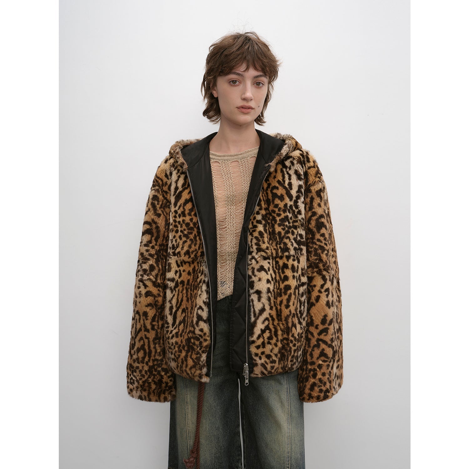 Leopard Spot Print Reversible Drop Shoulder Hooded Custom Rabbit Fur Coat