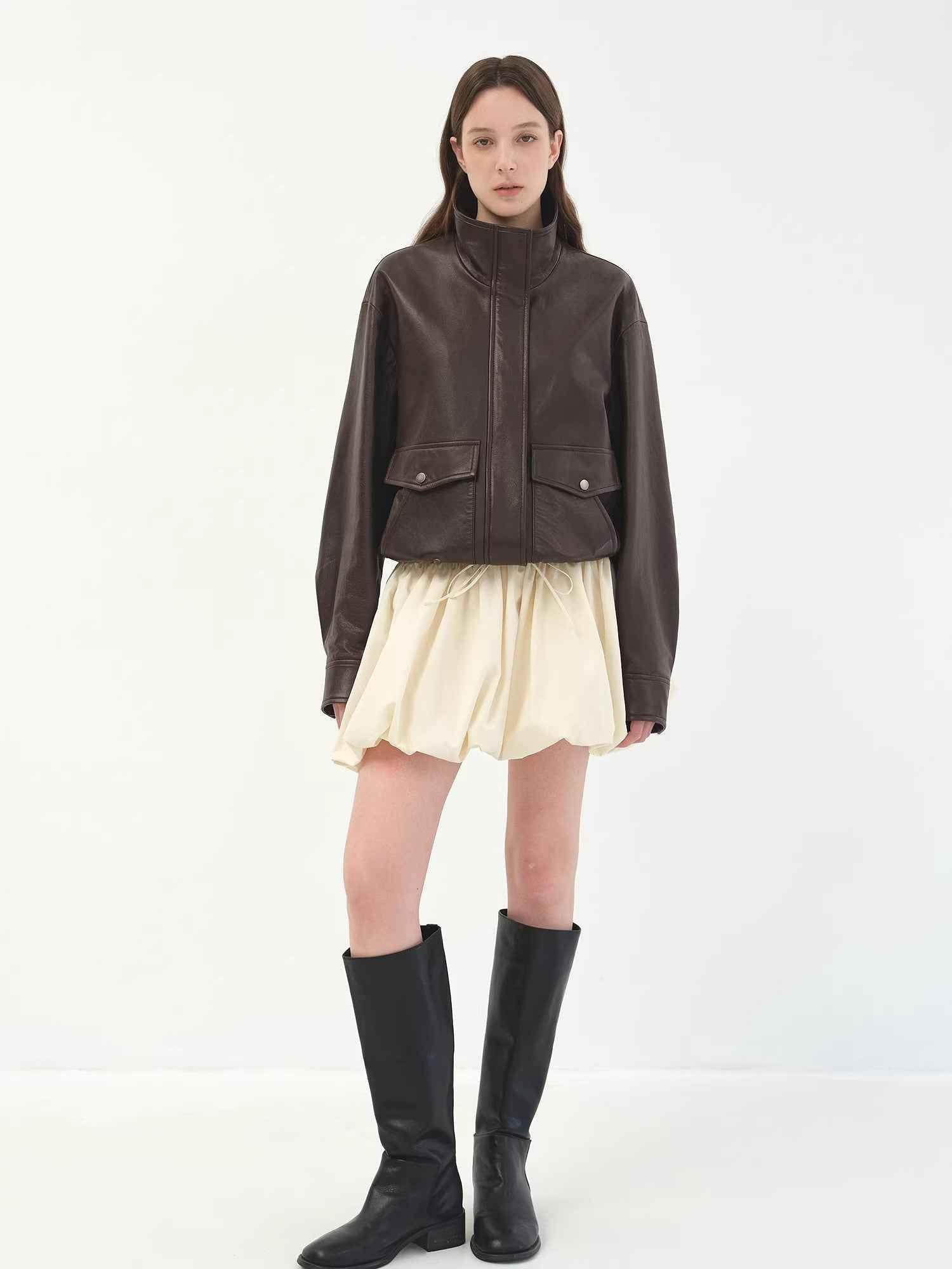Letrans Vintage Waxed Finish Drop Shoulder Funnel Neck Cropped Leather Jacket