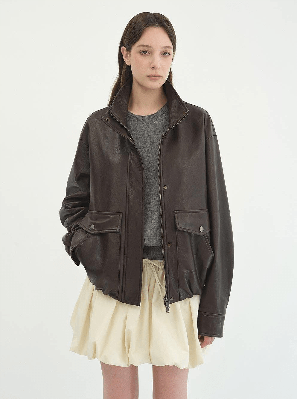 Letrans Vintage Waxed Finish Drop Shoulder Funnel Neck Cropped Leather Jacket