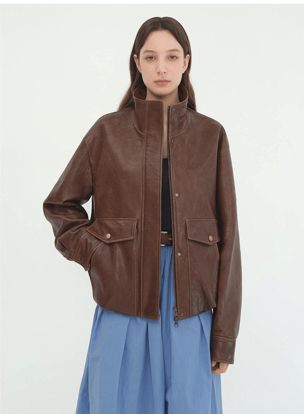 Letrans Vintage Waxed Finish Drop Shoulder Funnel Neck Cropped Leather Jacket