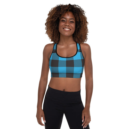 Buffalo Plaid Blue Padded Sports Bra — front view