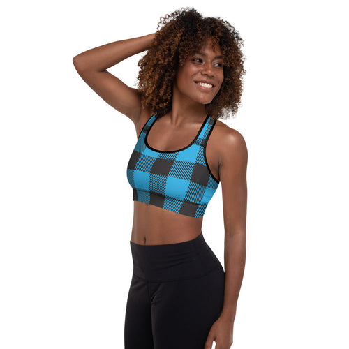Buffalo Plaid Blue Padded Sports Bra — back view