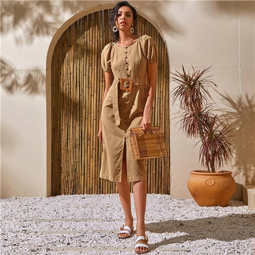 White Puff Sleeve Single Breasted Split Hem Belted Dress Women Summer Short Sleeve O-neck Fitted Boho Long Dresses-0