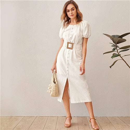 White Puff Sleeve Single Breasted Split Hem Belted Dress Women Summer Short Sleeve O-neck Fitted Boho Long Dresses-5