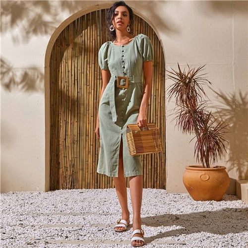 White Puff Sleeve Single Breasted Split Hem Belted Dress Women Summer Short Sleeve O-neck Fitted Boho Long Dresses-4