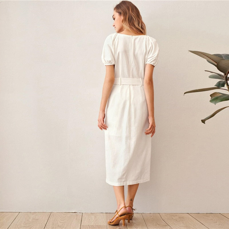 White Puff Sleeve Single Breasted Split Hem Belted Dress Women Summer Short Sleeve O-neck Fitted Boho Long Dresses-1