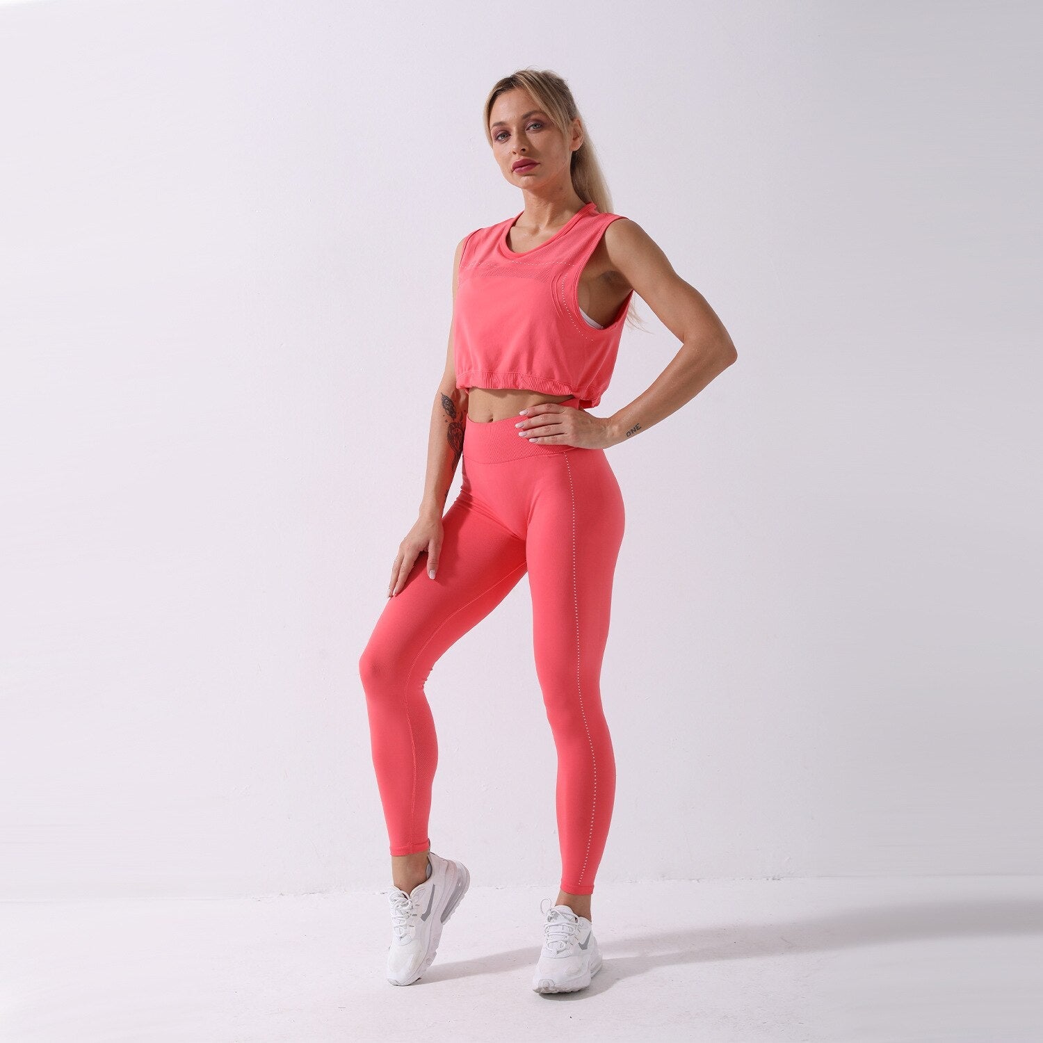Sportswear Yoga Set Women GYM Clothing Solid Loose Tank Drawstring Crop Top Leggings Set Workout Running Fitness Tracksuit