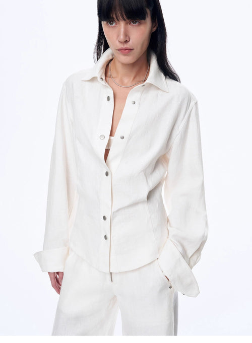 Breathable Linen Deconstructed Waist Shirt in White — product view