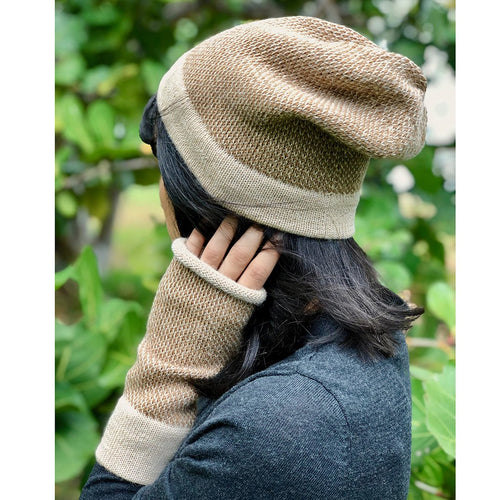 Camel Interwoven Alpaca Beanie — side view showing knit pattern