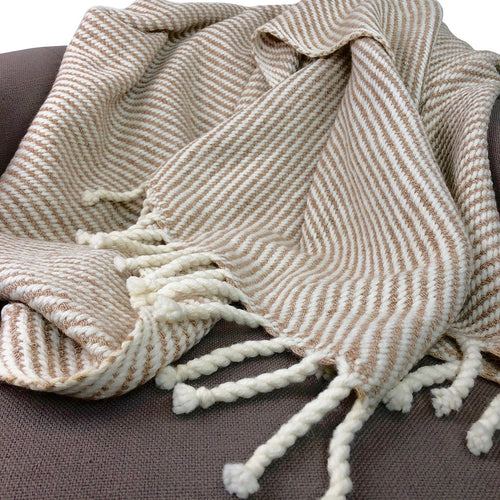 Camel Stripe Chunky Alpaca Throw — draped over armchair