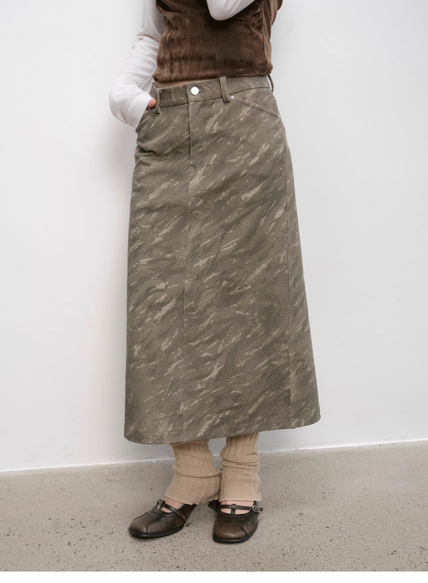 Chenille Original Print Camouflage Retro Distressed Straight Mid-Waist Skirt