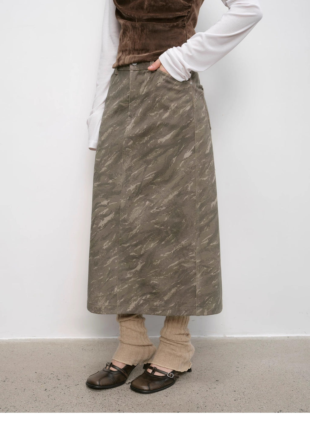 Chenille Original Print Camouflage Retro Distressed Straight Mid-Waist Skirt