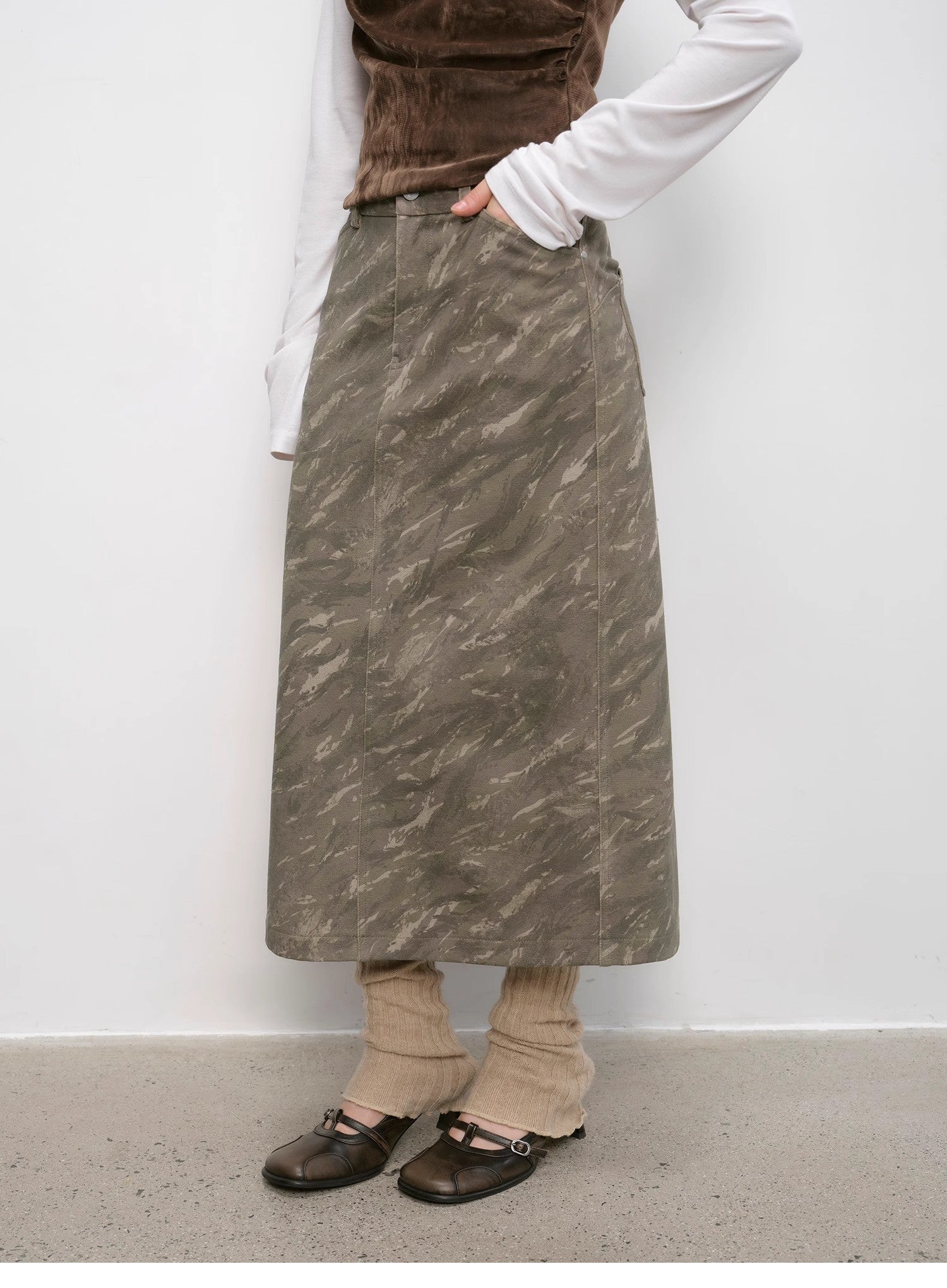 Chenille Original Print Camouflage Retro Distressed Straight Mid-Waist Skirt