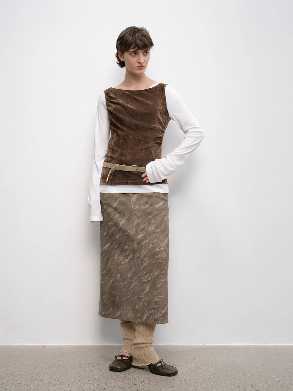 Chenille Original Print Camouflage Retro Distressed Straight Mid-Waist Skirt