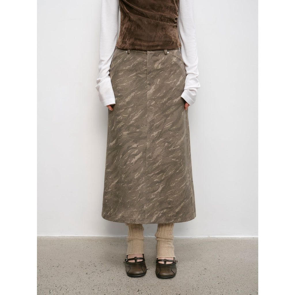 Chenille Original Print Camouflage Retro Distressed Straight Mid-Waist Skirt