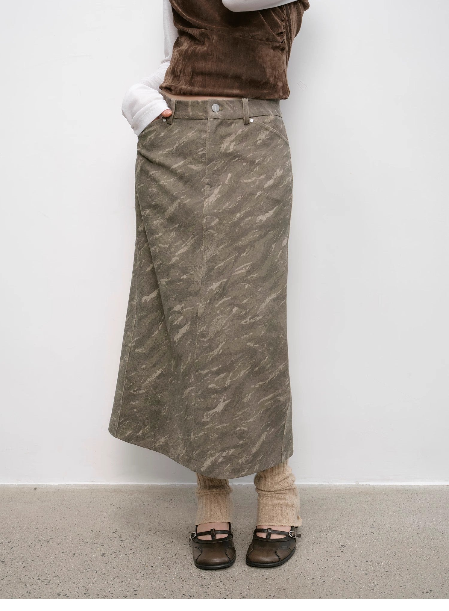 Chenille Original Print Camouflage Retro Distressed Straight Mid-Waist Skirt