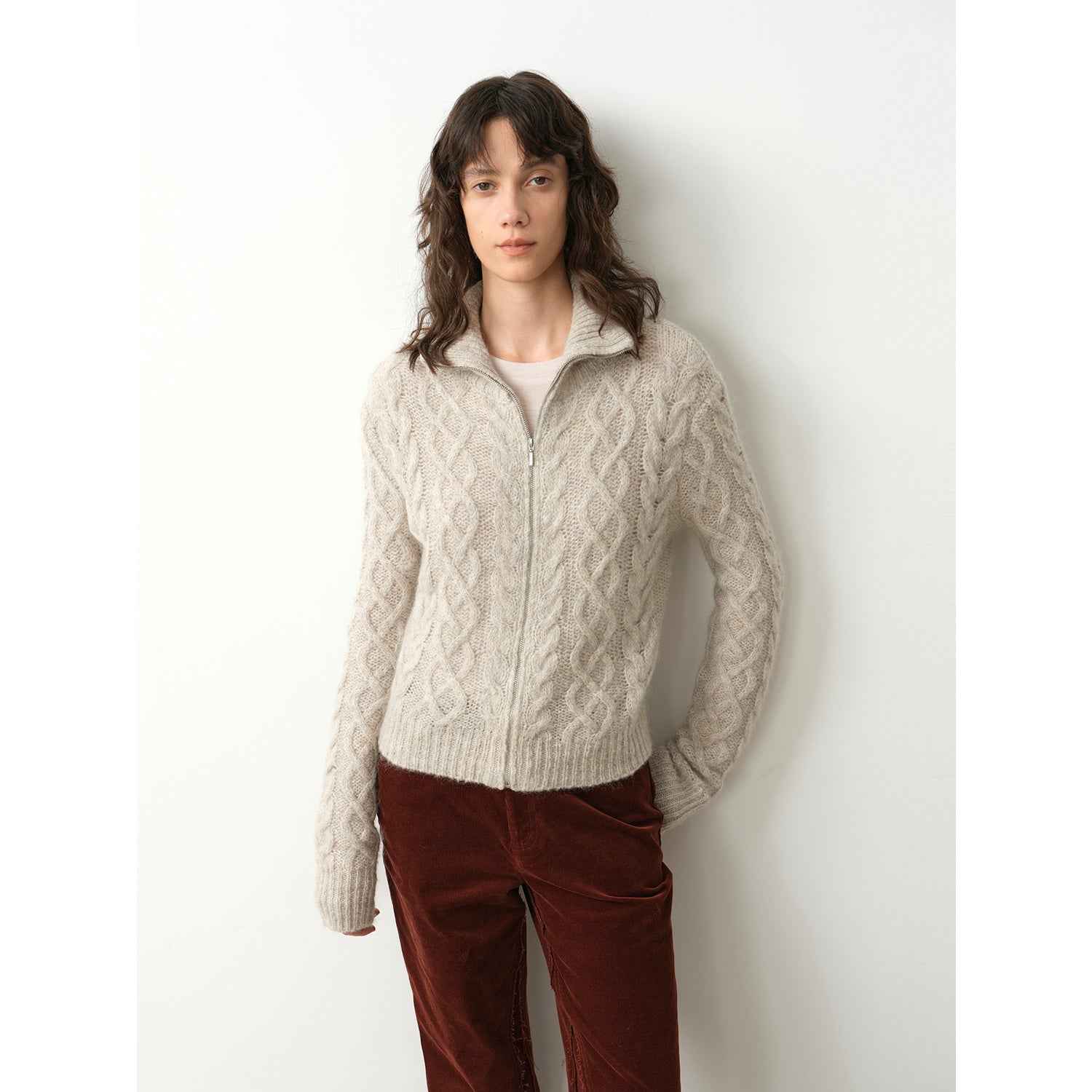 Vintage Warm Flower Pattern Basic Top Mohair Wool Cable Blend Zipper Knit Cardigan
