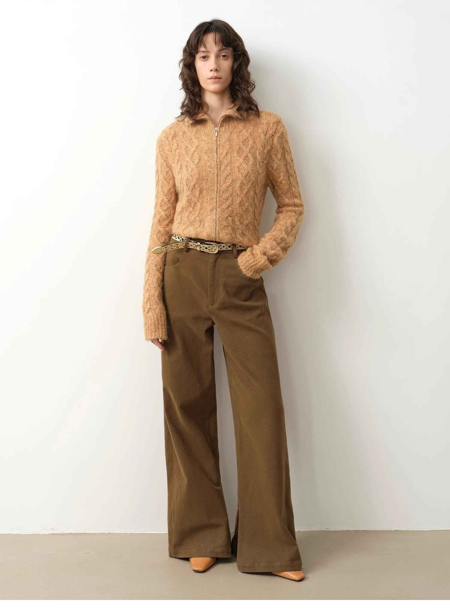 Vintage Warm Flower Pattern Basic Top Mohair Wool Cable Blend Zipper Knit Cardigan