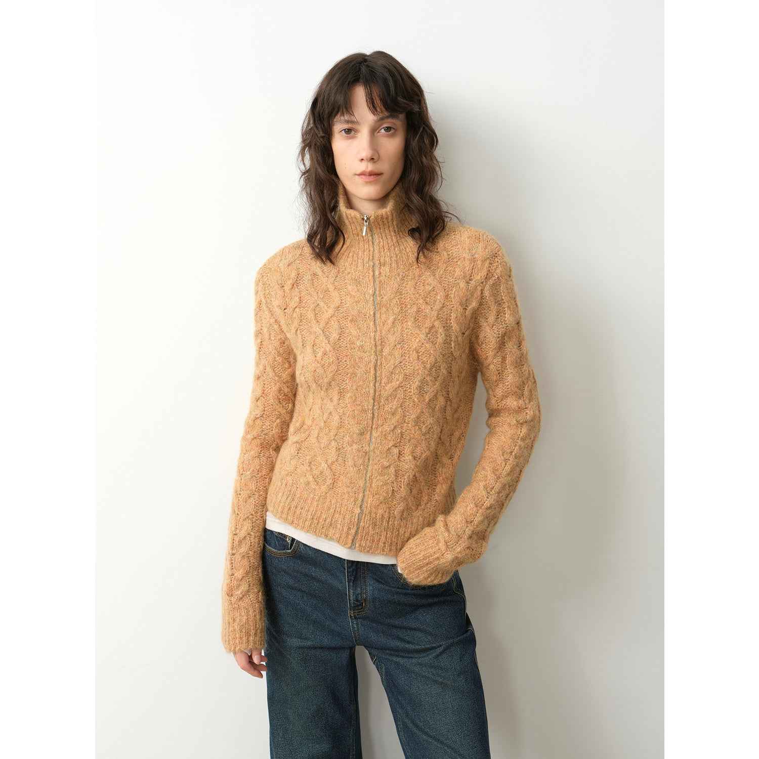 Vintage Warm Flower Pattern Basic Top Mohair Wool Cable Blend Zipper Knit Cardigan