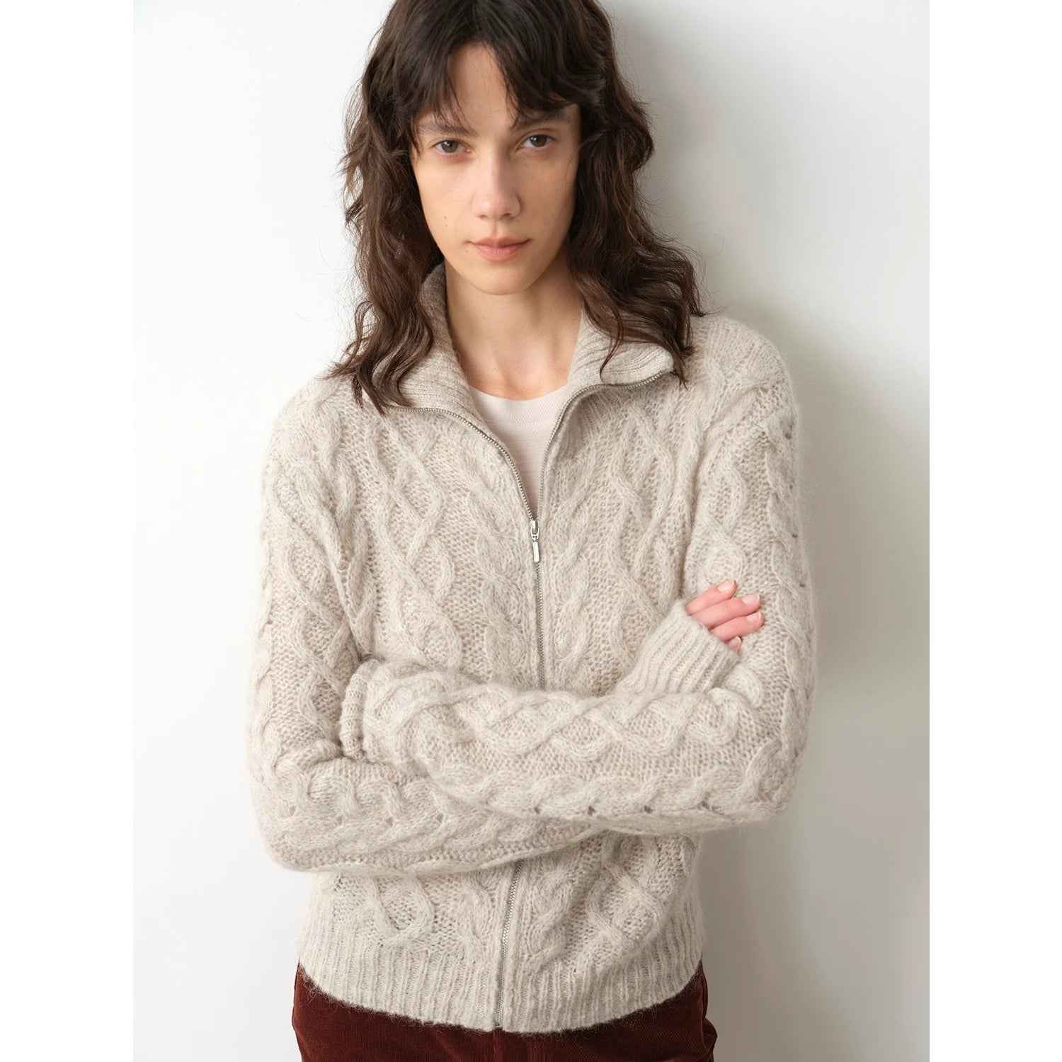 Vintage Warm Flower Pattern Basic Top Mohair Wool Cable Blend Zipper Knit Cardigan