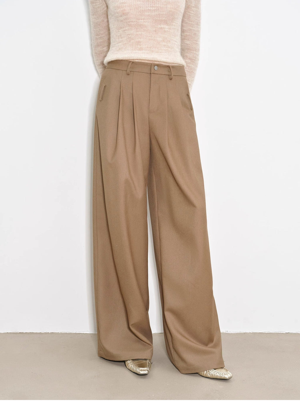 Fashionable Drapey Single Pleat Skinny Wide-leg Mid-low Waist Casual Pants for Women