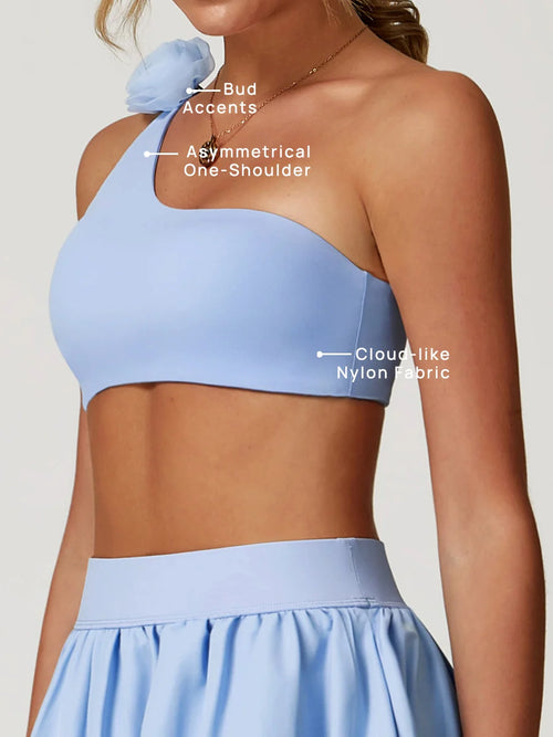 Asymmetrical Puff-Detail Sports Bra — puff rose detail close-up